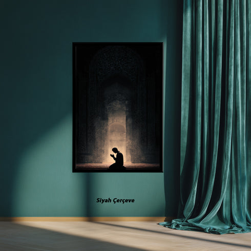 Kubbetüs Sahra Silüeti ve Dua Eden Mümin Kanvas Tablo – Işık ve Gölge Temalı İslami Duvar Dekoru, Dini Salon Tablosu