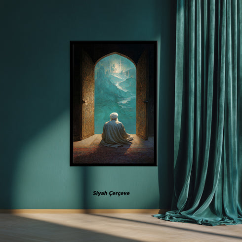 Kapıdan Camiye Bakan Derviş Kanvas Tablo – Manevi Yolculuk Temalı İslami Duvar Dekoru, Dini ve Huzur Veren Salon Tablosu