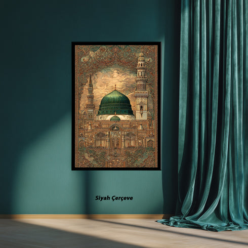 Mescid-i Nebevi Yeşil Kubbe Osmanlı Desenli Kanvas Tablo – İslami Sanat Motifli Dini Duvar Dekoru, Medine Temalı Salon Tablosu