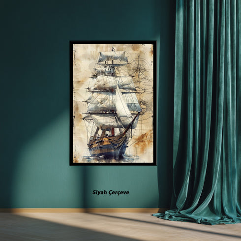 Antik Yelkenli Gemi ve Deniz Haritası Sanat Baskısı, Keşif ve Denizcilik Temalı Vintage İllüstrasyon Duvar Dekoru