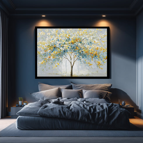 Modern Soyut Ağaç Tablosu Mavi Sarı Yapraklı Kanvas Duvar Dekoru, Salon Yatak Odası Büyük Boy Sanatsal Tablo