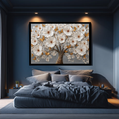 Altın Kelebekli Beyaz Çiçekli Ağaç Tablosu Kabartmalı Lüks Modern Kanvas Duvar Dekoru Salon ve Oturma Odası İçin Şık Tasarım