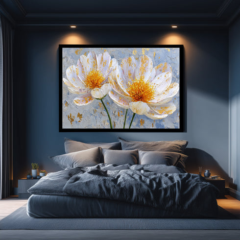 Altın Varaklı Beyaz Çiçekler Tablosu Modern Soyut Kanvas Duvar Dekoru Salon Yatak Odası İçin Büyük Boy Lüks Çiçek Tablo