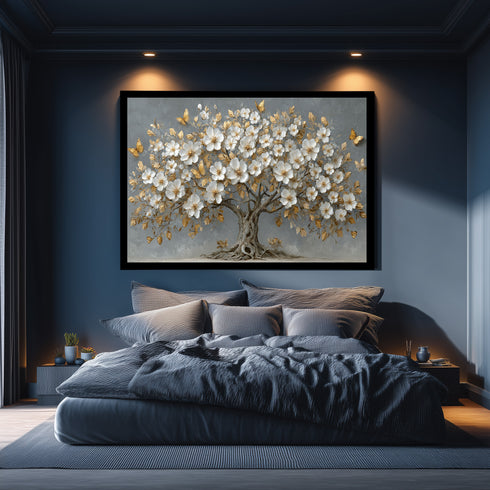 Altın Yapraklı Beyaz Çiçekli Ağaç Tablosu Kelebekli Lüks Kanvas Duvar Dekoru, Modern Dokulu Salon Yatak Odası Tablo