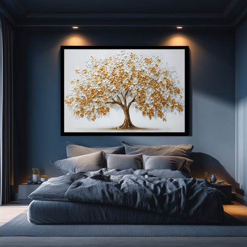 Altın ve Beyaz Çiçekli Hayat Ağacı Tablosu Kabartmalı Lüks Modern Kanvas Duvar Dekoru Salon Yatak Odası İçin Büyük Boy Tasarım