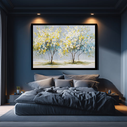 Sarı Beyaz Çiçekli Ağaç Tablosu Modern Soyut Kanvas Duvar Dekoru, Salon Yatak Odası İçin Büyük Boy Manzara Tablo