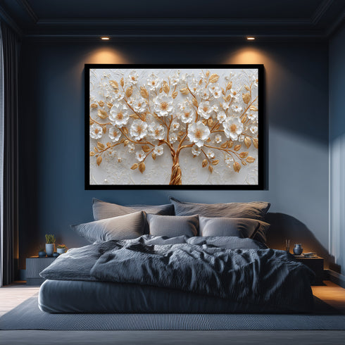 Altın Dallı Beyaz Çiçekli Ağaç Tablosu Lüks Kabartmalı Modern Kanvas Duvar Dekoru, Salon Yatak Odası İçin Büyük Boy Tablo