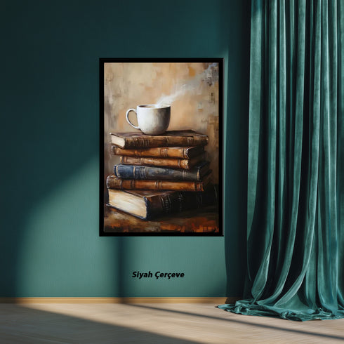 Buharlı Kahve Fincanı ve Eski Kitaplar, Sıcak ve Huzurlu Atmosferli Nostaljik Okuma Köşesi Temalı Sanat Tablosu