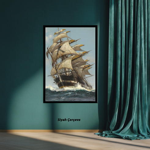 Fırtınalı Denizde Yelkenli Gemi Suluboya Sanat Baskısı, Denizcilik ve Macera Temalı Klasik Tablo Duvar Dekoru