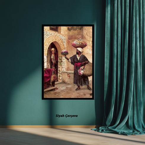 Oryantal Günlük Yaşam Sahnesi Sanat Tablosu Poster, Çiçek Satıcısı ve Osmanlı Mimarisinde Kadın Figürlü Klasik Duvar Sanatı