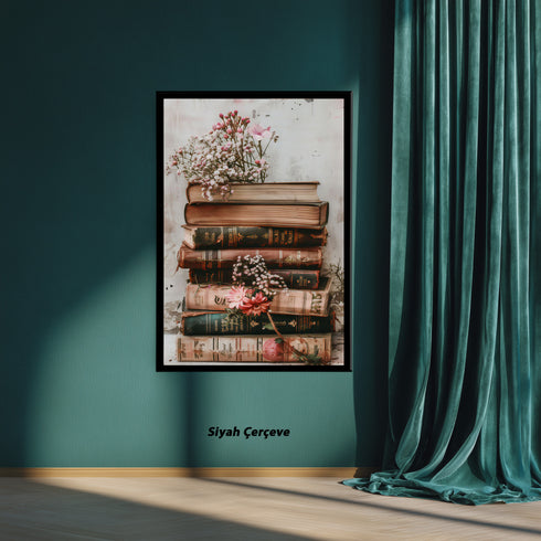 Vintage Kitap Yığını ve Zarif Çiçekler, Nostaljik ve Romantik Atmosferli Estetik Natürmort Sanat Tablosu