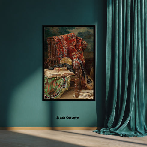 Oryantal Sandalye ve Ud ile Klasik Natürmort Sanat Baskısı, El Yazması Kitaplar ve Kilim Desenleriyle Tarihi Duvar Dekoru