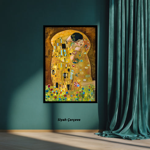 Altın Tonlarda Romantik Sarılış, Eskitilmiş Çerçeveli İkonik Aşk Temalı Tablo, Zarif ve Lüks Duvar Dekoru Sanat Eseri