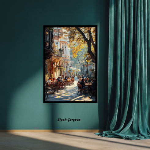 Sonbaharda İstanbul Kafe Sokağı Sanat Baskısı, Tarihi Binalar Arasında Gün Işığı ve Nostaljik Şehir Yaşamı Duvar Dekoru