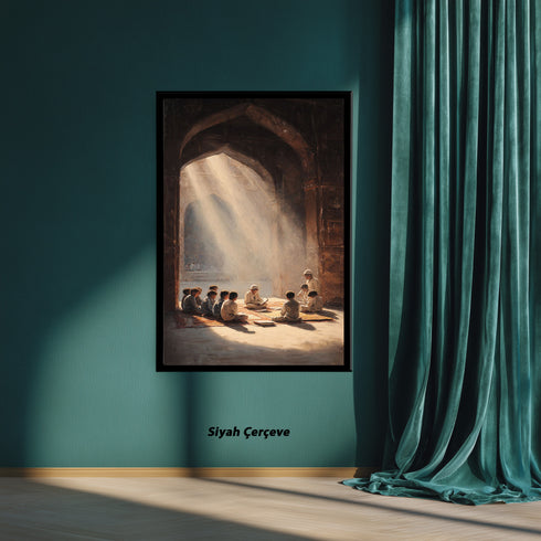 Kur’an Öğrenen Çocuklar Kanvas Tablo – Cami İçinde Manevi Eğitim Temalı İslami Duvar Dekoru, Dini ve Huzur Veren Salon Tablosu