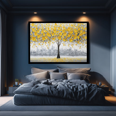 Sarı Çiçekli Ağaç ve Gri Şehir Silüeti Tablosu Modern Soyut Kanvas Duvar Dekoru Salon Ofis İçin Büyük Boy Şık Tasarım