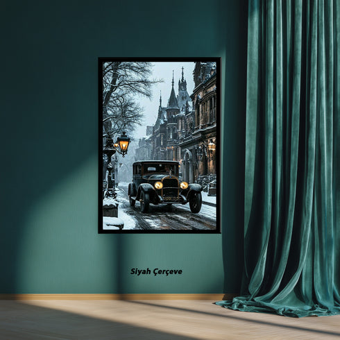 Karlı Sokakta Klasik Araba Sanat Baskısı, Gotik Mimarili Tarihi Şehirde Kış Atmosferi ve Vintage Duvar Dekoru