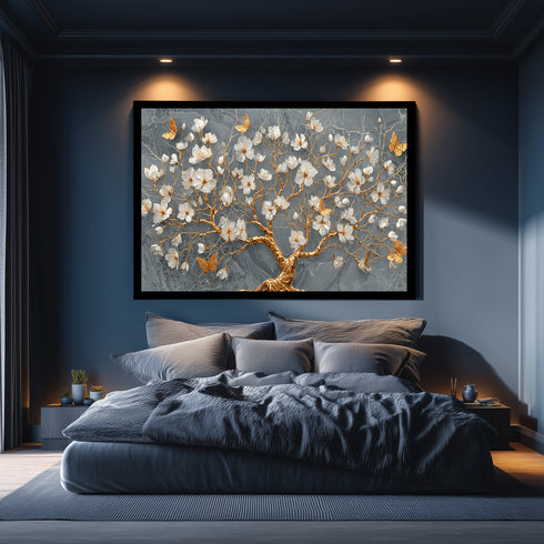 Gri Mermer Zeminli Altın Dallı Beyaz Çiçekli Ağaç Tablosu Kelebekli Lüks Modern Kanvas Duvar Dekoru Salon İçin Şık Tasarım