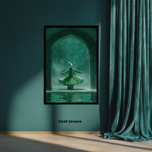 Semazen ve Tasavvuf Temalı İslami Kanvas Tablo – Yeşil Tonlu Manevi Atmosferli Dini Duvar Dekoru, Mevlevi Sanat Eseri