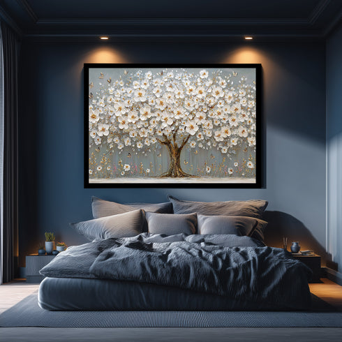 Beyaz Çiçekli Ağaç Kanvas Tablo Altın Detaylı Kelebekli Duvar Dekoru, Modern Dokulu Salon Yatak Odası Büyük Boy Tablo