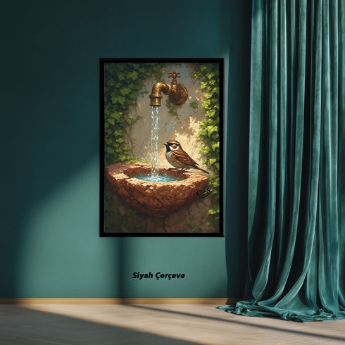 Taş Çeşme ve Serçe Kuşu Sanat Baskısı, Doğal Bahçe Sahnesi ve Akan Su ile Huzur Veren Masalsı Duvar Dekoru