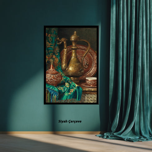 Oryantal Natürmort Sanat Tablosu Poster, Osmanlı İbriği Kahve Fincanı ve İşlemeli Kumaşlı Klasik Doğu Temalı Duvar Sanatı