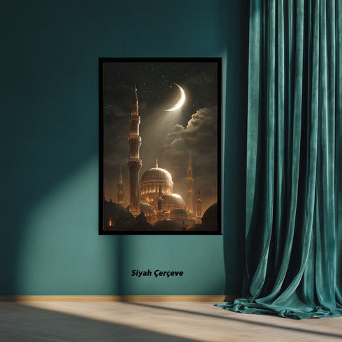 Hilal ve Yıldızlı Gece Camii Kanvas Tablo – Altın Işıltılı İslami Duvar Dekoru, Dini ve Manevi Atmosferli Salon Tablosu