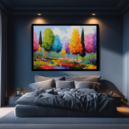 Renkli Ağaçlar Manzara Tablosu Soyut Modern Empresyonist Kanvas Duvar Dekoru Salon Yatak Odası Ofis İçin Büyük Boy Canlı Tasarım