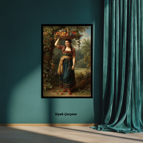 Meyve Sepeti Taşıyan Kırsal Kadın Sanat Baskısı, Doğal Bereket ve Geleneksel Yaşam Temalı Klasik Yağlı Boya Stil Duvar Dekoru