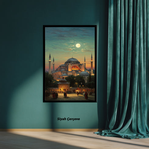 Ayasofya Camii Dolunay Manzaralı Kanvas Tablo – İstanbul Temalı İslami Duvar Dekoru, Dini ve Tarihi Atmosferli Salon Tablosu