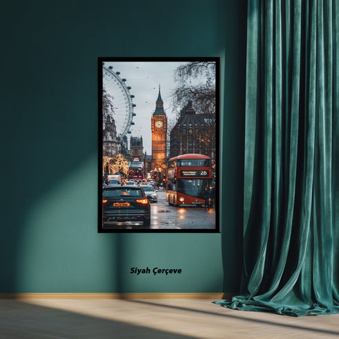 Londra Big Ben ve Kırmızı Otobüs Şehir Manzarası Sanat Baskısı, Yağmurlu Akşam Sokakları ve İkonik Şehir Duvar Dekoru Modern Ofis İçin