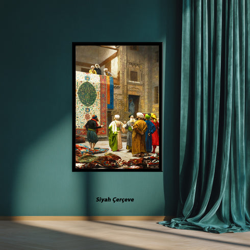 Oryantal Halı Pazarı Sahnesi Sanat Tablosu Poster, Geleneksel Doğu Mimarisi ve Renkli Figürlerle Klasik Tarihi Duvar Sanatı