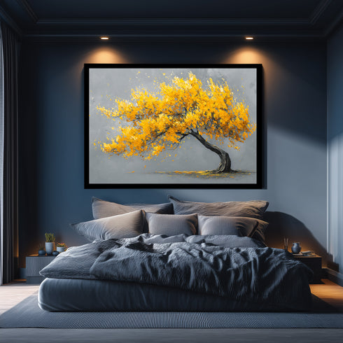 Sarı Yapraklı Rüzgarlı Ağaç Tablosu Modern Minimalist Kanvas Duvar Dekoru Salon Ofis Yatak Odası İçin Büyük Boy Soyut Tasarım