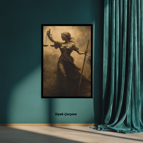 Adalet Tanrıçası Themis Sanat Baskısı, Kör Adalet ve Terazi Sembolüyle Güçlü Mitolojik Figür, Klasik ve Dramatik Duvar Dekoru