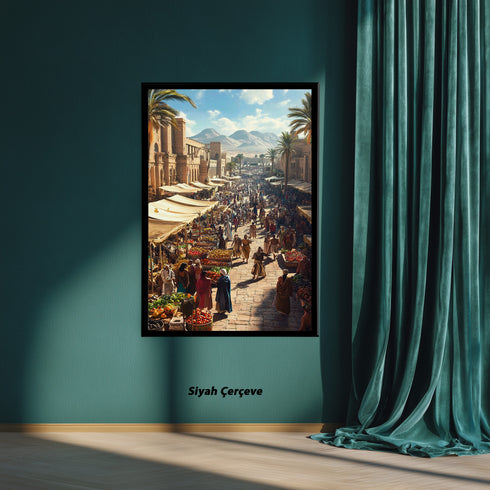 Antik Doğu Pazarı Manzarası Sanat Tablosu Poster, Palmiye Ağaçları ve Tarihi Mimari Arasında Canlı Oryantal Çarşı Sahnesi Duvar Sanatı