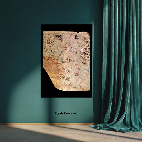 Piri Reis Tarihi Deniz Haritası ve Keşif Roteleri, Antik Kartografya Detaylarıyla Oryantal ve Nostaljik Dünya Haritası Sanat Eseri