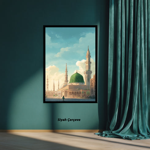 Mescid-i Nebevi ve Yeşil Kubbe Manzaralı Kanvas Tablo – Medine İslami Duvar Dekoru, Dini Mimari Temalı Salon ve Ofis Tablosu