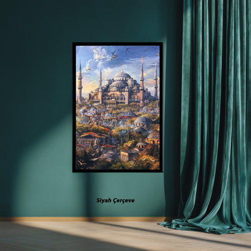 Ayasofya ve Tarihi İstanbul Silüeti Sanat Baskısı, Kubbe ve Minarelerle Osmanlı Mimarisi, Masalsı Şehir Manzarası Duvar Dekoru