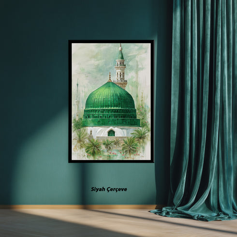 Yeşil Kubbe Mescid-i Nebevi Kanvas Tablo – Medine Ravza-i Mutahhara İslami Duvar Dekoru, Dini Huzur Temalı Salon Tabl