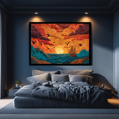 Gün Batımında Yelkenli Tablosu Soyut Deniz Manzarası Modern Kanvas Duvar Dekoru Salon Ofis Yatak Odası İçin Büyük Boy Sanatsal Tasarım