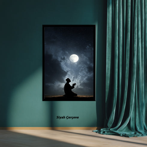 Dolunay Altında Dua Eden Müslüman Silüeti Kanvas Tablo – Gece ve Yıldız Temalı İslami Duvar Dekoru, Dini ve Manevi Salon Tablosu