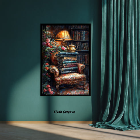 Kitaplarla Dolu Kütüphane Köşesi ve Çaydanlık Sanat Baskısı, Vintage Okuma Atmosferi, Çiçekli Klasik Koltuk ile Nostaljik Duvar Dekoru