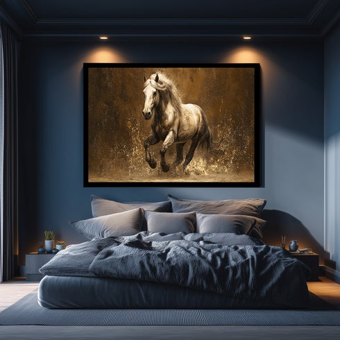 Koşan Beyaz At Tablosu Altın Tonlu Arka Planlı Modern Kanvas Duvar Dekoru, Salon Ofis İçin Büyük Boy At Figürlü Tablo