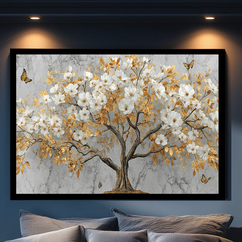 Mermer Zeminli Altın Yapraklı Beyaz Çiçekli Ağaç Tablosu Kelebekli Lüks Modern Kanvas Duvar Dekoru Salon İçin