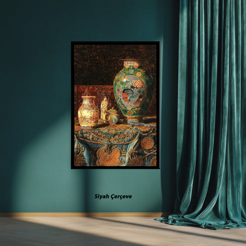 Eskitilmiş Çerçeveli Klasik Natürmort Sanat Tablosu Poster, Çin Porselen Vazolar ve Oryantal Desenli Kumaşlı Duvar Sanatı