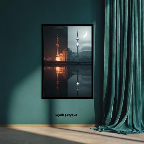 Gece ve Hilal Işığında Camii Kanvas Tablo – İslami Duvar Dekoru, Dini Mimari Sanat Eseri, Modern ve Klasik Ev Dekorasyonu