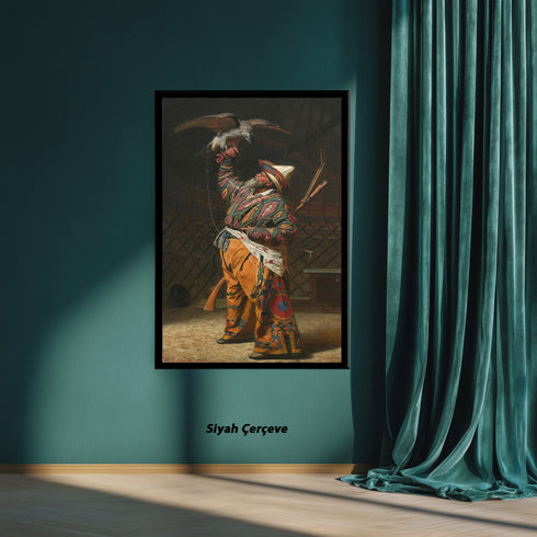 Oryantal Avcı Figürü Sanat Tablosu Poster, Şahinli Osmanlı Av Sahnesi ile Geleneksel Doğu Temalı Klasik Duvar Sanatı Baskısı