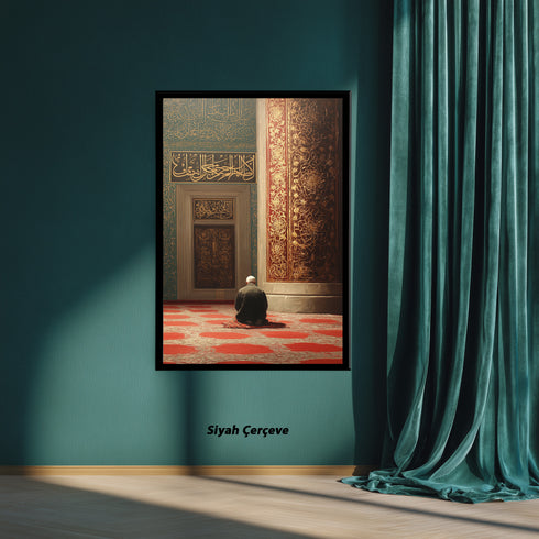 Cami İçinde Dua Eden Mümin Kanvas Tablo – Altın Varak Detaylı İslami Duvar Dekoru, Dini ve Manevi Salon Tablosu