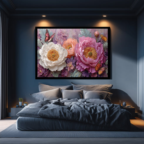 Pembe ve Beyaz Şakayık Çiçekli Kelebekli Tablo Romantik Vintage Kanvas Duvar Dekoru Salon Yatak Odası İçin Zarif Tasarım