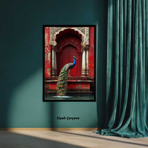 Kırmızı Oryantal Kapı ve Tavus Kuşu Sanat Baskısı, Doğu Mimarisi ve Zarif Detaylarla Egzotik Duvar Dekoru Tablo